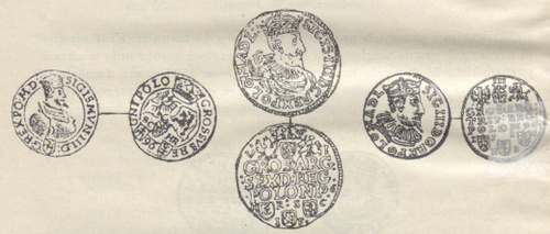Grosz, trojak i szóstak bydgoski z 1596 r. z herbami J. Firleja, St. Cikowskiego i nowego dzierżawcy, H. Rudigera