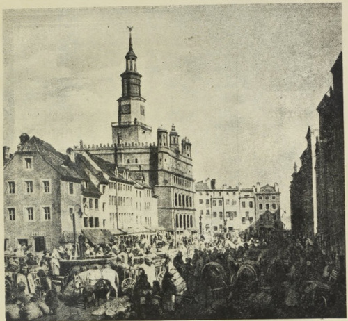 Rynek i Ratusz w Poznaniu. Litografia Baeslera.