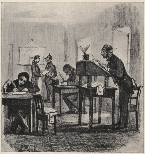 Wnętrze biura. (16,6X15,2 cm). Litografja A. Pecq & Co. Rys. F. Kostrzewski.