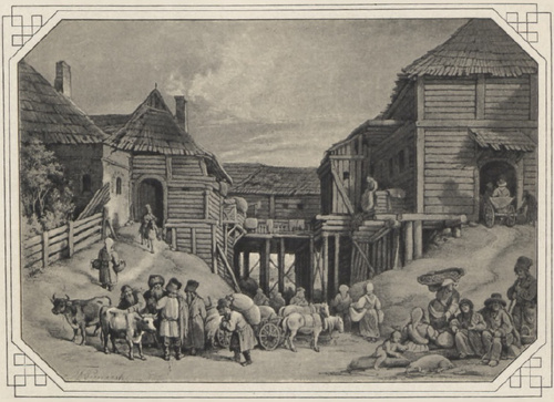 Poranek w Ostrowcu. (27,2X38 cm.) Litografja Banku Polskiego. Rys. J. F. Piwarski.