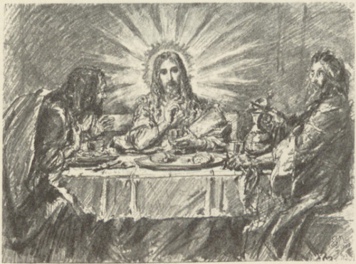 Rysunek do Ikonostasu w kościele św. Norberta w Krakowie. Chrystus z uczniami w Emaus.