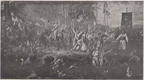 KOŚCIUSZKO POD RACŁAWICAMI. Obraz wystawiony pierwszy raz w kwietniu 1888 r. w Krakowie, następnie zakupiony ze składek publicznych i oddany Muzeum w styczniu 1890 r. Kościuszko ubrany w mundur amerykańskiego generała. MUZEUM NARODOWE W KRAKOWIE.
