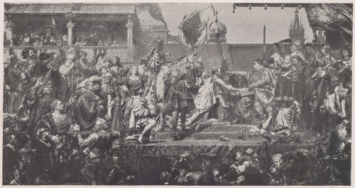 HOŁD PRUSKI. Obraz malowany w latach 1880-1882. Dar Matejki dla Wawelu. Artysta sportretowany na płótnie dwukrotnie, jako Stańczyk i Bartłomiej Berecci, budowniczy kaplicy Jagiellońskiej na Wawelu. MUZEUM NARODOWE W KRAKOWIE.