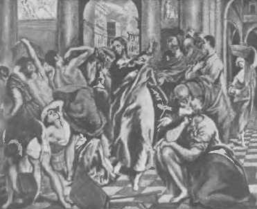 IL GRECO (1545?-1614) CHRYSTUS WYPĘDZA PRZEKUPNIÓW (Wł. dr. Aur. de Beruete w Madrycie) ZE ŚWIĄTYNI.