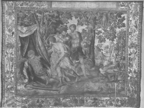 {BRUXELLES XVI S., CHATEAU ROYAL DE CRACOVIE (POLOGNE), nr. 10 Dwaj synowie upitego Noego okrywają ojca, trzeci, drwiąc , trzyma się na boku. Po prawej Noe pracuje w winnicy. Noé enivre est couvert par un de ses fils, à droite: Noë dans sa vigne. (Piece quatorzième de la sėrie).