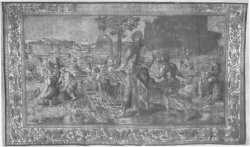 BRUXELLES XVI S., CHATEAU ROYAL DE CRACOVIE (POLOGNE). Nr, 11. Nimrod „największy z tyranów“ kieruje budową wieży Babel. -Nimrode „les plus grand de tyrans“ dirige la construction de la tour de Babel. (P. quinzième de la série).