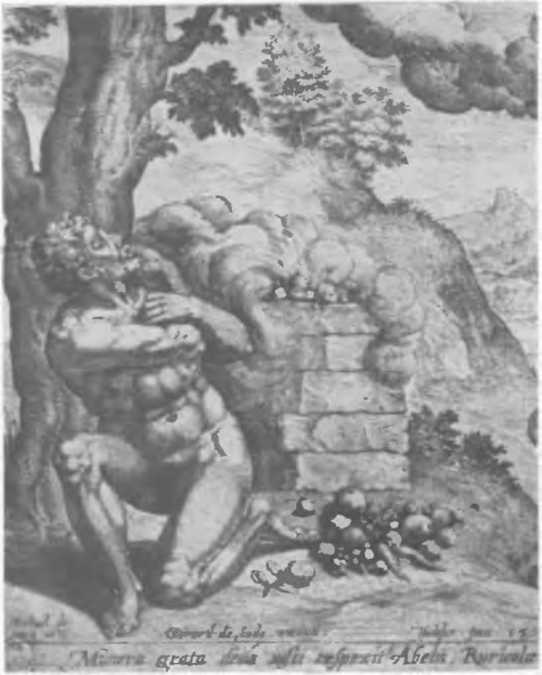 Nr. 35. Fragment sztychu „Ofiara Kaina i Abla“, sygnowanego po lewej „Michael de Coxcij. inv.“ (Poröw. tę samą postać Kaina na arasie Nr. 2). — „Les offrandes de Caïn“, gravure signée „M. de Coxcij. inv.“ <à comparer à Caïn dans la tapisserie Nr. 2).