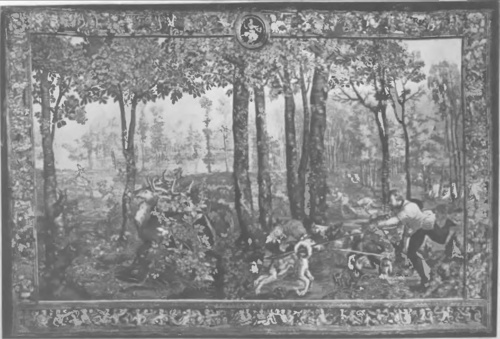 Nr. 39. Aras z serji „Les belles chasses de Guise“, Paryż, wedł. Guichard et Darcel „Les tapisserie du G. M.“ Wedle kartonów. B. v. Orley'a i Tonsa. — D’après les cartons de B. v. Orley et (JJ Tons. Pour comp. à nos verdures.