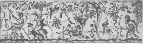 Nr. 40. Cornelis Bos. Wzór do bordiury z r. 1552. (Berlin, Ornamentstichsammlung). Porów, bordiury horyzontalne arasów biblijnych np róg Nru 7. — C o r n. B o s, fragment de bordure gravé en 1552 ; à comp. à la bordure des tapiss. Nos 2—12 à l’angle.