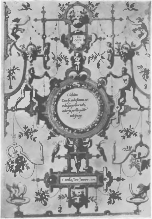 Nr 44. Cornelis Floris. Jeden z licznych sztychowanych projektów na groteski z sentencjami, zr. 1554 (według R. Hedicke). Porów, arasy Nr. 31 i 32. – C. Floris. Grotesques de 1554 à comp. aux Nr. 31 et 32.