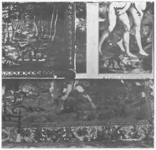 Nr. 47. Zestawienie fragmentów z obrazu Coxcyena i z wawelskich arasów tj. reprod. Nr. 8, 29 i 38. — Tableau syndique des repr. Nr 8, 29 et 38 facilitant la comparaison des animaux du tatableau viennois de Coxcyen à ceux de nos tapisseries.