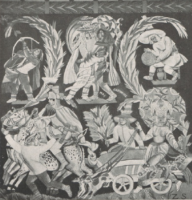 JEDEN Z SZEŚCIU OBRAZÓW W SALI HONOROWEJ PAWILONU POLSKIEGO NA WYSTAWIE PARYSKIEJ 1925. DECORATION DU SALON d’h ONNEUR, PAVILLON POLONAIS. EXPOSITION DE PARIS 1925.