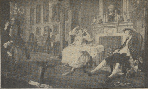 Fig. 34. Hogarth. Z cyklu p. t. Małżeństwo modne. (Galerja Narodowa w Londynie).
