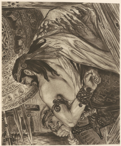 Agamemnon Powstaje na Achillesa i Menelaosa (ILJADA) Rys. czarną kredką, (r. 1897?). Własność Adama Chmielą w Krakowie.
