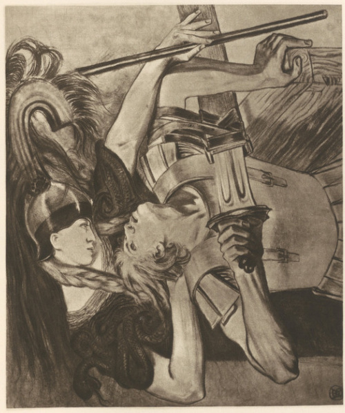 Achilles, którego Pallas za włosy wstrzymała Rys. czarną kredką, (r. 1887?).