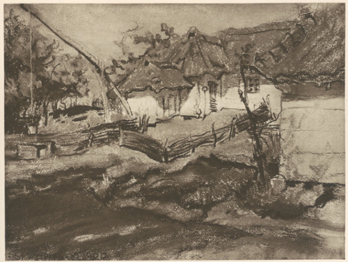 Chaty w Grębowie. Pastel. (r. 1900). Własność Muzeum Narodowego w Krakowie.