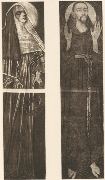 BŁ. SALOMEA oraz ŚW. FRANCISZEK. Środkowe części witrażów w kościele OO. Franciszkanów w Krakowie. Pastele, (r. 1897—1902). Pierwszy - własność spadkobierców ś. p. L. Leszczyńskiej w Krakowie. Drugi - własność Tow. Zachęty Sztuk Pięknych w Warszawie.