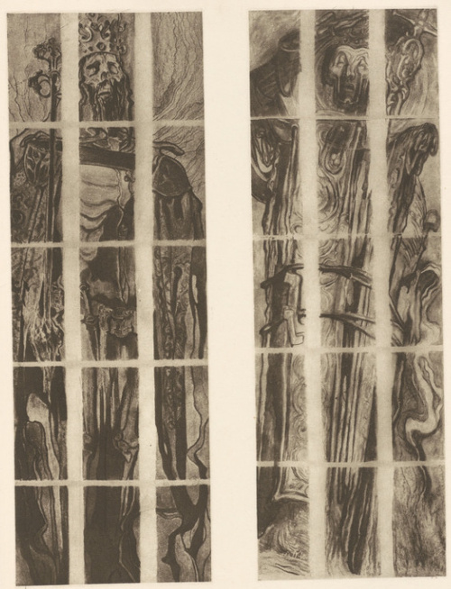 KAZIMIERZ WIELKI oraz ŚW. STANISŁAW. Kartony do witrażów dla katedry na Wawelu. Pastele, (r. 1900—1902). Własność Muzeum Narodowego w Krakowie.