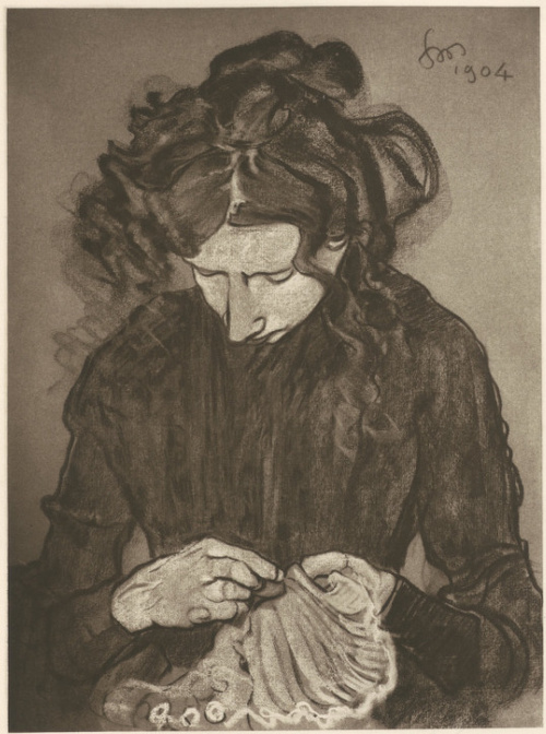 Przy Szyciu. Portret Ireny Solskiej. Pastel, (r. 1904). Własność Mariana Kurmana w Warszawie.