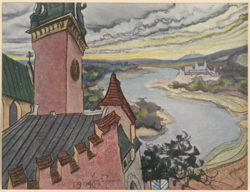 PEJZAŻ. Widok na wieżę Katedry wawelskiej i Wisłę. Pastel, (r. 1904). Własność dr. Tadeusza Zakrzewskiego w Krakowie.