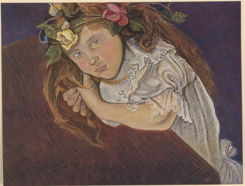 DZIEWCZYNKA. Pastel, (r. 1904): Własność Marji Dobrowolskiej w Krakowie.