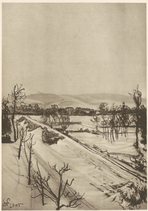 PEJZAŻ. Widok z okna pracowni artysty na kopiec Kościuszki w Krakowie. Pastel, (r. 1905). Własność E. hr. Raczyńskiego w Rogalinie.