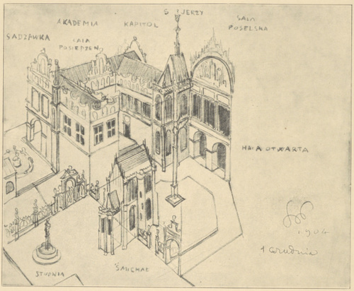 Projekt Zabudowania Wzgórza Wawelskiego 1904. (obmyślany przy współudziale arch. W. Ekielskiego), rys. ołówkiem Własność A. Chmurskich w Krakowie)