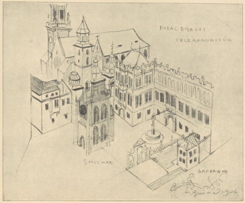 Projekt Zabudowania Wzgórza Wawelskiego 1904. (obmyślany przy współudziale arch. W. Ekielskiego), rys. ołówkiem Własność A. Chmurskich w Krakowie)