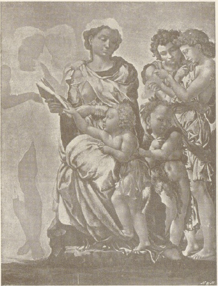 Madonna z dzieckiem, św. Janem i czterema aniołami. Obraz, malowany temperą na drzewie, w National-Gallery w Londynie. (Fot. Hanfstaengl.)