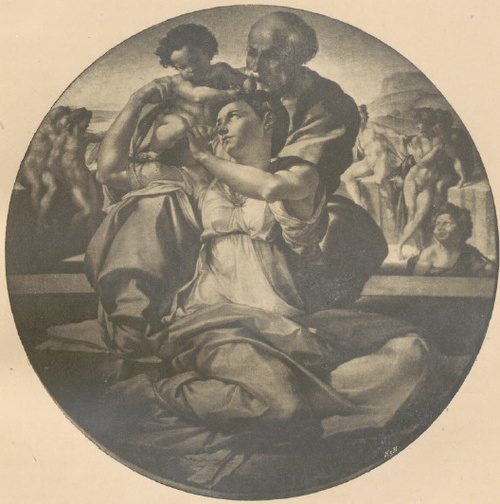Św. Rodzina. Obraz, malowany olejnie na drzewie, w galeryi Uffizi w Florencyi.