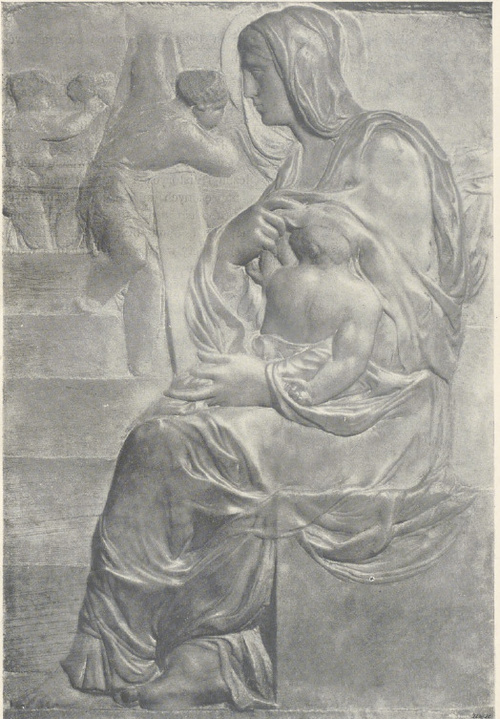 Madonna przy schodach. Płaskorzeźba marmurowa w Casa Buonarroti w Florencyi. (Fot. Alinari.)
