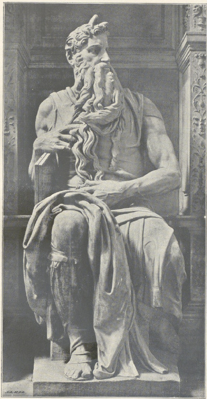 Mojżesz. Rzeźba marmurowa z grobowca Juliusza II w kościele S. Pietro in Vincoli w Rzymie. (Fot. Anderson.)
