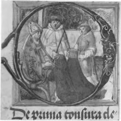 PONTYFIKAT ERAZMA CIOŁKA: STRZYŻENIE TONZUR (inicjał). (Muzeum XX. Czartoryskich w Krakowie).