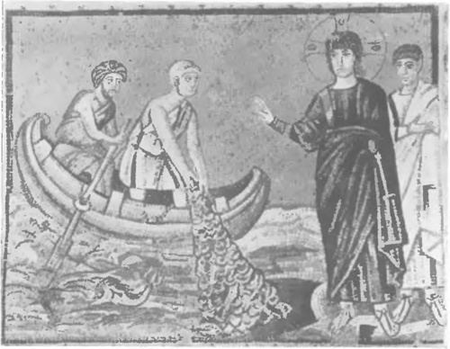 CHRYSTUS WZYWA Ś. PIOTRA I Ś. ANDRZEJA (Mozaika w kościele 5. Apolináře Nuoro w Ravennie, okolo 520 r.).