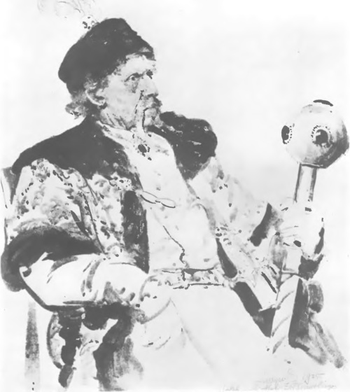 LEON WYCZÓŁKOWSKI, L. SOLSKI JAKO HETMAN ŻÓŁKIEWSKI W DRAMACIE K. BROŃCZYKA „HETMAN STANISŁAW ŻÓŁKIEWSKI“ (autolitogr. tuszem, 1925) (Z wystawy w Krakowskîem Tow. Sztuk pięknych).
