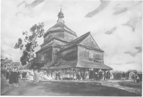 JULJAN FAŁAT, PRZED KOŚCIOŁEM (akwarela. 1914).