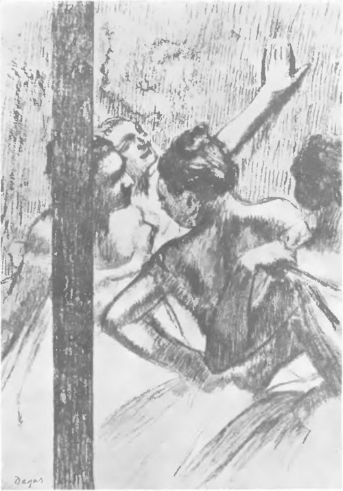 E. DEGAS, TANCERKI ZA KULISAMI (rys. węglem).