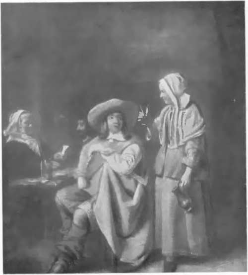 PIETER DE HOOGH (1630?—1677) SCENA W KARCZMIE (ol., fragment) (Wielkość całego obrazu 59X72 cm.)