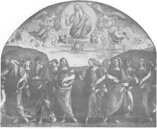 PERUGINO, PROROCY I SYBILLE. NAD NIMI W GÓRZE UNOSI SIE. BÓG OJCIEC. (Fresk w sali „Collegio del Cambio“ w Perugii), (Patrz „Sztuka świecka w Perugii“).