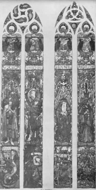 Józef Mehofer. Szkic do kartonu witrażowego dla katedry w Fryburgu (Św. Jerzy, św. Michał, św. Anna, św. Marja Magdalena. akw. 1909).