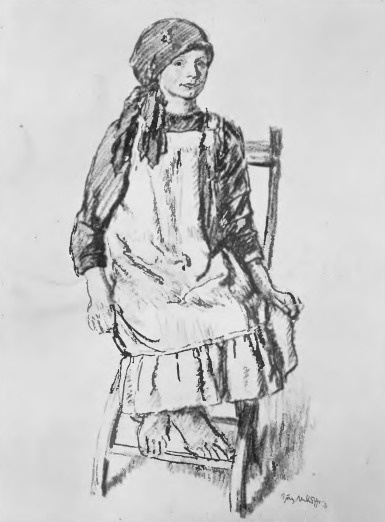 Józef Mehofer. Dziewczyna z kuchni czeladnej (rys. węglem, 1926).