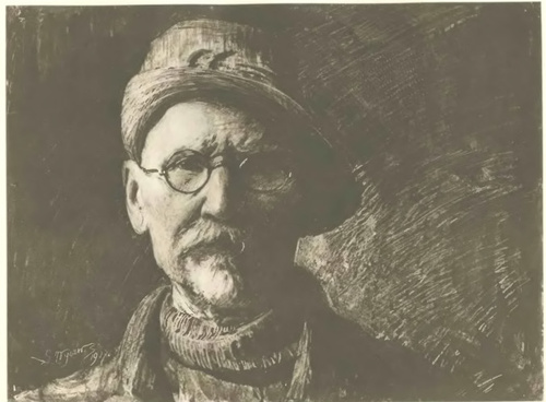 Portret własny (rys. tusz.). Z wystawy w Tow. Przyj. Sztuk Pięknych w Krakowie 1928)