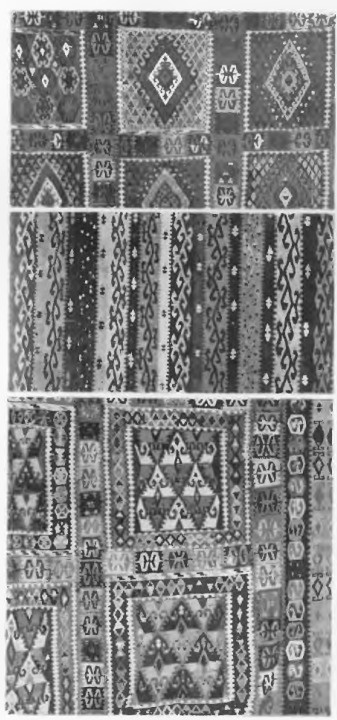 Fig. 38, 39 i 40. Trzy tureckie kilimy “Bejhurt”, przedstawione częściowo. Pierwszy od góry 4,20 X 2,80., i drugi 3,60 X 2,70 m., z wieku XVIII na XIX. Trzeci 3,20 X 2,20 m., z początku XIX w.