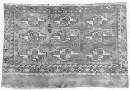 Fig. 54. Turkomański kobierzec “Yomut”. 24 wiązań w 1 cm². 0,95 X 0,05 m., wiek XVIII.