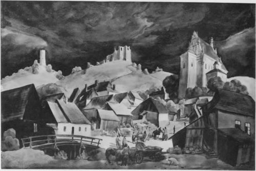 WŁADYSŁAW SKOCZYLAS, MOTYW ZE STAREGO MIASTECZKA (akwarela) ((Jubileuszowy Salon Krakowski, 1930).