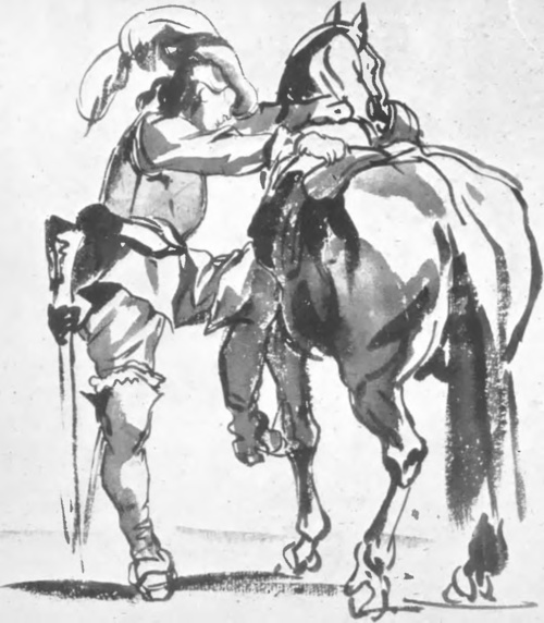 PIOTR MICHAŁOWSKI RAJTAR SZWEDZKI. WSIADAJĄCY NA KONIA (rys. sepia) (Wł. P. Macieja Wenzla, Kraków).