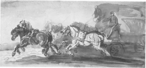 PIOTR MICHAŁOWSKI PRZEŚCIGAJĄCE SIE FURMANKI (akwarela) (Wł. hr. Róży Michałowskiej, Krzysztoporzyce).