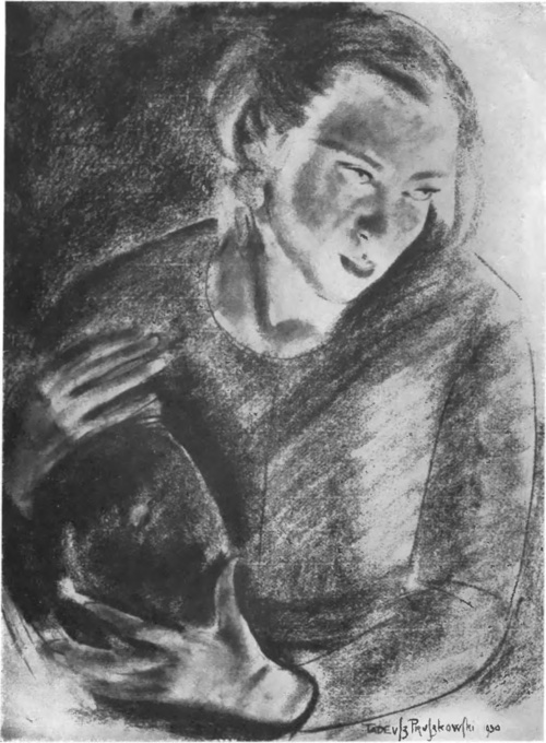 TADEUSZ PRUSZKOWSKI DZIEWCZYNA Z DZBANEM (rys. węglem) (Salon listopadowy, Warszawa 1931).