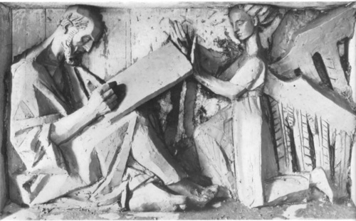 XAWERY DUNIKOWSKI Ś-TY JAN EWANGELISTA (projekt dekoracji fasady duchownego Seminarium Śląskiego w Krakowie, gips, 1929) (Z wystawy zbiorowej w Tow. Przyj. Sztuk Pięknych, Kraków).