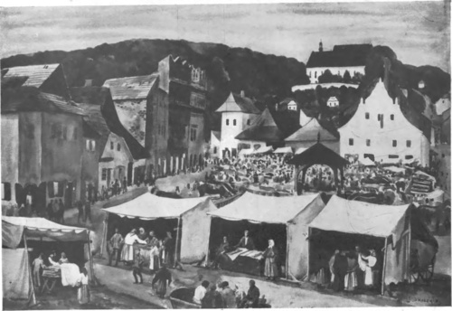 WŁADYSŁAW SKOCZYLAS (Salon listopadowy, Warszawa 1931) JARMARK (akwarela).